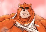 anthro bodily_fluids brown_body brown_fur clothing fur humanoid_hands kemono male musclegut muscular overweight overweight_anthro overweight_male shirt solo sweat topwear kotobuki morenatsu juuichi_mikazuki bear mammal 2021