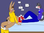 5_fingers anthro bed bed_sheet bedding bedroom black_body black_fur blue_eyes blush briefs brown_body brown_fur bulge clothed clothing converse_shoes dialogue duo ears_up embarrassed erection erection_under_clothing eyewear fingers footwear fur furniture genitals glasses green_eyes hand_on_penis humanoid_genitalia humanoid_penis looking_at_another lying lying_on_bed male male/male masturbation mattress on_bed pajama_bottoms pajamas pantsless partially_clothed pawpads penis pikachu_costume pink_pawpads shoe_fetish shoes simple_background sitting sitting_on_bed sneakers socks speech_bubble tail text underwear underwear_down white_body white_fur nx-42 crisp_the_wolf immelmann_(character) canid canine canis hybrid lagomorph leporid mammal rabbit wolf hi_res