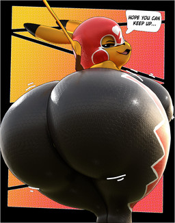 anthro big_butt black_ear_tips black_nose breasts butt clothing cosplay_pikachu_(costume) dialogue dipstick_ears ear_markings female huge_butt looking_at_viewer looking_back looking_back_at_viewer markings mask multicolored_ears open_mouth open_smile presenting presenting_hindquarters smile solo speech_bubble sports_mask sportswear tail talking_to_viewer text wrestler wrestling_mask wrestling_outfit yellow_body anaroth koreyvee_(modeler) nintendo pokemon pikachu_libre generation_1_pokemon pikachu pokemon_(species) 3d_(artwork) absurd_res digital_media_(artwork) english_text hi_res