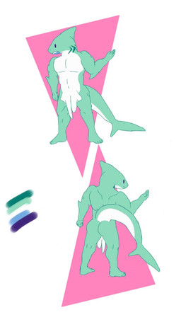 2_penises 4_fingers 4_toes animal_genitalia animal_penis anthro biped butt claspers diphallism feet fingers genitals green_body horizontal_diphallism lgbt_pride male multi_genitalia multi_penis nude penis pride_colors simple_background solo standing tail teal_body teeth toes vincian_pride_colors white_penis hageemy1 aquatic fish shark 9:16 hi_res
