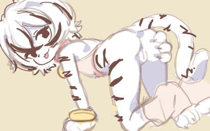 4_fingers all_fours anthro bangle bell bell_collar black_eyes black_highlights black_nose black_striped_fur black_stripes bottomless butt clothed clothing collar female fingers footwear fur genitals hair highlights_(coloring) jewelry kemono looking_at_viewer looking_back looking_back_at_viewer pink_clothing pink_collar pink_footwear pink_socks pink_tongue pink_topwear simple_background skimpy_topwear socks solo striped_hair stripes toeless_footwear toeless_socks tongue tongue_out topwear vulva white_body white_fur white_hair yellow_background young young_anthro heiyuu felid mammal pantherine tiger colored_sketch digital_drawing_(artwork) digital_media_(artwork) sketch
