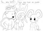 anthro big_ears blush breasts buckteeth clothed clothing dialogue female group hat headgear headwear male midriff navel nipples open_mouth pokemorph simple_background small_breasts teeth text topless white_background elpatrixf nintendo pokemon bleuet azurill chespin generation_3_pokemon generation_6_pokemon human mammal pokemon_(species) 2015 2d_animation animated black_and_white english_text monochrome motion_tweening short_playtime