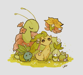 ambiguous_gender antennae_(anatomy) blue_body brown_eyes dandelion eyes_closed feral flower flower_accessory fur grass green_body group lying on_front plant simple_background sitting size_difference tail yellow_body yellow_fur lole_pokemon nintendo pokemon applin eeveelution elemental_creature flora_fauna generation_1_pokemon generation_2_pokemon generation_4_pokemon generation_5_pokemon generation_8_pokemon gossifleur humanoid leafeon meganium oddish petilil pokemon_(species) shiny_pokemon 2025 hi_res signature female_(lore)