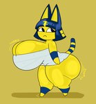 anthro big_breasts big_butt blue_hair body_wraps breasts butt female fur hair huge_breasts huge_butt hyper hyper_breasts hyper_butt light_blush looking_back markings onomatopoeia simple_background solo sound_effects stripes tail tail_markings text yellow_body nylonhellhole animal_crossing nintendo ankha_(animal_crossing) domestic_cat felid feline felis mammal 2025 hi_res
