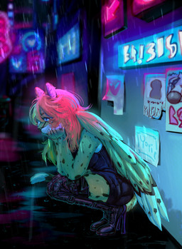 anthro crouching feathered_wings feathers female neon night outside raining solo wings yoyi_kori cheetah domestic_cat felid feline felis mammal digital_media_(artwork) hi_res tagme