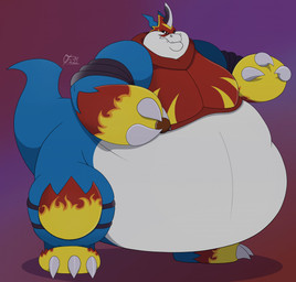 anthro armor belly big_belly blade blue_body blue_tail breastplate chubby_cheeks claws fire_symbol knee_pads male obese overweight red_armor red_mask snout solo standing tail thick_arms thick_tail thick_thighs white_belly white_body yellow_armor ogretusks bandai_namco digimon mythology digimon_(species) dragon flamedramon mythological_creature mythological_scalie scalie hi_res