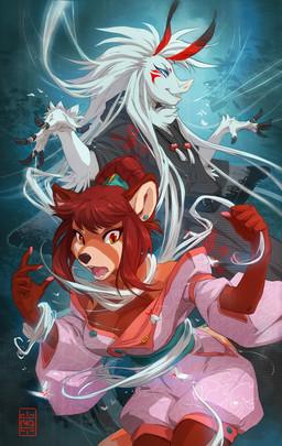 5_fingers anthro blue_eyes breasts cleavage clothed clothing duo ear_piercing eyelashes female fingers hair male open_mouth piercing prehensile_hair red_eyes red_hair smile teeth tongue white_hair melloque ailurid arthropod insect lepidopteran mammal moth red_panda hi_res