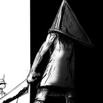 1:1 activision anthro apron black_background blood blood_on_arm blood_on_clothing blood_on_weapon bodily_fluids cleaver_(weapon) clothing comic dragon duo for_a_head great_knife_(silent_hill) hi_res hladilnik humanoid konami male mammal melee_weapon monochrome monster monstrous_humanoid mythological_creature mythological_scalie mythology object_head pyramid_head_(silent_hill) reptile scalie silent_hill simple_background spyro spyro_the_dragon subway_(restaurant) text text_on_apron text_on_clothing weapon white_background