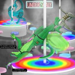after_vore anthro balls big_balls blue_body bodily_fluids claws clothed clothing cock_vore cum cum_vore dancing digestion erection feet genital_fluids genitals green_body group hairless huge_balls long_neck male nightclub penile penis pole pole_dancing sack skimpy speech_bubble stripper stripper_pole talons tattoo text toes trio vore umbramagna reptile scalie 1:1 english_text hi_res