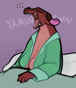 2_horns 4_fingers anthro breasts clothing female female_anthro fingers green_clothing horn horn_cover inner_boob open_mouth pillow red_body red_scales sagging_breasts scales solo teeth tongue yawn ncs mythology scraper_city alpine_(ncs) dragon mythological_creature mythological_scalie scalie 2026 hi_res