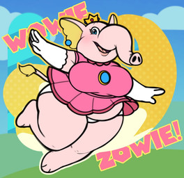5_fingers anthro armwear bald barefoot belly big_belly big_breasts blue_eyes breasts clothed clothing crown detailed_background dress elbow_gloves eyelashes feet female female_anthro fingers gloves handwear headgear huge_breasts open_mouth open_smile overweight overweight_anthro overweight_female panties pink_body pink_clothing pink_dress proboscis_(anatomy) smile solo text trunk_(anatomy) underwear upskirt white_armwear white_clothing white_elbow_gloves white_gloves white_handwear white_panties white_underwear yellow_inner_ear skyhighstella mario_bros nintendo super_mario_bros_wonder elephant_peach princess_peach elephant elephantid mammal proboscidean 2026 english_text