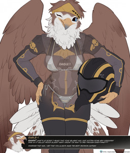 anthro armor beak bikini blue_eyes breasts brown_body brown_feathers camel_toe clothing feathered_wings feathers female headgear helmet holding_armor holding_headgear holding_helmet holding_object military_uniform neck_tuft non-mammal_breasts pilot smile solo swimwear text thigh_gap tuft two-piece_swimsuit uniform wings x-ray_view quangdoann helldivers accipitrid accipitriform avian bird eagle english_text hi_res