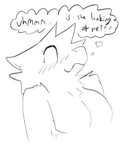 anthro blush breasts female inner_monologue looking_back simple_background solo text thinking thought_bubble white_background bigsteppies unknown_species black_and_white english_text monochrome