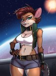 anthro atmosphere belt big_breasts bottomwear bracelet breasts choker cleavage clothed clothing countershading crop_top cropped_jacket ear_piercing ear_ring female green_eyes gun hair hand_on_hip high_collar holding_gun holding_object holding_ranged_weapon holding_weapon hotpants jewelry looking_at_viewer midriff navel necklace piercing planet pouches ranged_weapon red_hair ring_piercing shirt shorts solo space star sun tank_top topwear weapon zipper thegantian linnea_araska mammal murid murine rat rodent hi_res