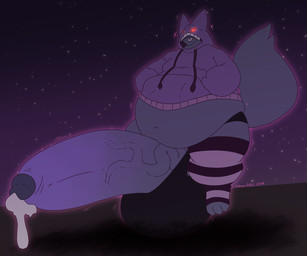 anthro balls belly big_balls big_belly big_penis bodily_fluids clothing cum ejaculation erection genital_fluids genitals glowing glowing_eyes hand_in_pocket hands_in_both_pockets hoodie huge_balls huge_penis humanoid_genitalia humanoid_penis hyper hyper_balls hyper_genitalia hyper_penis legwear levitating looking_at_viewer male night overweight overweight_anthro overweight_male penis pockets sharp_teeth sky smile solo star starry_sky stockings teeth topwear vein veiny_penis kokoro-doll nintendo pokemon thaye_(kokoro-doll) generation_1_pokemon gengar pokemon_(species) hi_res