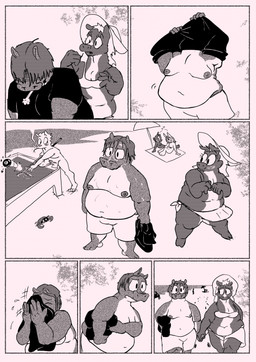8_ball anthro ball beach beach_towel beach_umbrella belly belly_folds big_belly billiard_ball billiard_table blush blush_lines clothed clothing crossdressing furniture genitals hand_holding male moobs navel nude_beach nude_male obese obese_anthro obese_male overweight overweight_anthro overweight_male parasol penis public public_exposure removing_shirt speech_bubble table towel undressing swinegarden arthropod common_hippopotamus crab crustacean decapod equid equine hippopotamid horse malacostracan mammal comic greyscale hi_res monochrome