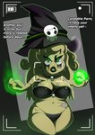 big_breasts black_clothing bone breasts bursting_breasts camera_hud choker cleavage clothed clothing costume cracks curled_hair dialogue female glowing glowing_eyes green_eyes hair halloween_costume hat headgear headwear holidays jewelry latex magic_user mature_female necklace necromancer not_furry orb running_makeup skull solo soul witch_hat evasidelights halloween kirby:_right_back_at_ya! kirby_(series) nintendo lady_like humanoid 2021 absurd_res hi_res mother_(lore) parent_(lore)