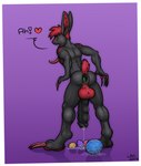 anal anthro anus athletic athletic_anthro athletic_male balls big_balls big_penis black_body black_fur butt claws egg egg_from_penis egg_from_urethra fur gaping gaping_anus genitals gradient_background half-erect heart_symbol humanoid_genitalia humanoid_penis long_claws long_ears long_tongue male nude open_mouth oviposition penetration penis presenting presenting_anus presenting_hindquarters red_body red_fur simple_background solo standing teeth tongue urethral urethral_penetration longblueclaw karuge lagomorph leporid mammal rabbit digital_media_(artwork) hi_res