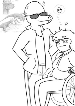 alternate_species anthro bald belly clothing disability duo eyelashes eyewear female fingers freckled_face freckles hair hand_in_pocket hoodie jacket male overweight overweight_female overweight_human paraplegic pockets question_mark short_hair sitting smile snout sunglasses thought_bubble topwear vehicle wheelchair arsenic_iii cavemanon_studios i_wani_hug_that_gator inco_(iwhtg) olivia_halford dinosaur human mammal marginocephalian ornithischian pachycephalosaurid pachycephalosaurus prehistoric_species reptile scalie 2024 hi_res monochrome