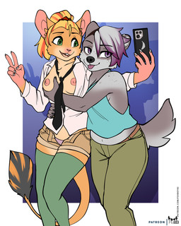 accessory anthro areola black_necktie blep blonde_hair blue_clothing blue_shirt blue_tank_top blue_topwear bottomwear breast_grab breasts brown_bottomwear brown_clothing brown_hotpants brown_shorts buckteeth cheek_tuft chest_tuft cleavage clothed clothing duo ear_piercing electronics facial_tuft female female/female fingers fur green_bottomwear green_clothing green_eyes green_legwear green_pants green_thigh_highs grey_body grey_fur hair hand_on_another's_breast hand_on_another's_hip hand_on_breast hand_on_hip highlights_(coloring) holding_object holding_phone hotpants industrial_piercing legwear medium_breasts necktie nipples open_bottomwear open_clothing open_mouth open_shirt open_shorts open_topwear orange_highlights panties pants partially_clothed phone piercing pink_clothing pink_panties pink_underwear purple_eyes purple_highlights shirt short_hair shorts side_boob simple_background slim standing tail tail_tuft tan_body tan_fur tank_top teeth thigh_highs tongue tongue_out topwear tuft underwear white_clothing white_hair white_shirt white_topwear foxboy83 tootaloo badger dipodid jerboa mammal mustelid musteline rodent 2026 4:5 colored digital_media_(artwork) flat_colors hi_res portrait three-quarter_portrait