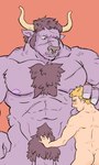 2_horns 5_fingers abdominal_scar abs anthro areola barazoku black_eyes blonde_eyebrows blonde_hair blush body_hair butt chest_hair chest_scar colored_nails curved_horn duo eyebrows facial_hair facial_piercing facial_scar fingernails fingers fur grey_fingernails grey_hair grey_nails grey_nose grey_pubes hair hand_on_crotch hand_on_hand horn human_on_anthro interspecies larger_anthro looking_down male male/male male_anthro male_human muscular muscular_anthro muscular_male nails navel nose_piercing nose_ring nude nude_anthro nude_human nude_male pecs piercing pink_areola pink_teeth pubes purple_body purple_fur ring_piercing scar septum_piercing septum_ring short_hair sideburns size_difference smaller_human snout tan_horn teeth toxosalvaxe delicious_in_dungeon european_mythology greek_mythology mythology laios_touden bovid bovine cattle human mammal minotaur 2024
