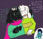 anthro blush clothed clothing dialogue fur group hair horn hug male open_mouth scarf simple_background smile text cronum deltarune undertale undertale_(series) asriel_dreemurr kris_(deltarune) ralsei boss_monster_(undertale) bovid caprine darkner goat human mammal 2018 english_text