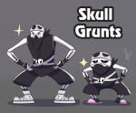 bone boots clothing cosplay crossover_cosplay duo footwear grey_background headscarf humor jewelry male not_furry pendant shoes simple_background skeleton slippers text yuramec nintendo pokemon team_skull undertale undertale_(series) grunt_(pokemon) papyrus_(undertale) sans_(undertale) skull_grunt animated_skeleton humanoid undead crossover english_text