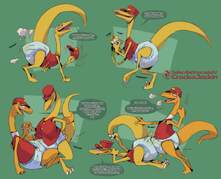 abstract_background anthro biped blush bodily_fluids breath bulge claws clock clothed clothing dialogue diaper diaper_frottage diaper_humping duo feces genital_fluids green_background hat headgear headwear male male/male onomatopoeia open_mouth panting pocketwatch red_clothing red_topwear red_vest sharp_teeth simple_background soiled_diaper soiling solo sound_effects speech_bubble teeth text topwear unclean_diaper urine used_diaper vest watch wearing_diaper wet_diaper yellow_body crackajackin mr._conductor_(dinosaur_train) dinosaur prehistoric_species reptile saurischian scalie theropod troodon troodontid 2026 digital_media_(artwork) english_text hi_res multiple_images url