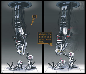 ambiguous_gender anthro arm_support biped bound group kneeling lying machine motion_blur motion_lines on_front pink_eyes speech_bubble tail tail_motion tailwag text trio turret upside_down white_body yellow_eyes salamanding portal_(series) valve gladog_(salamanding) glados canid canine canis domestic_dog mammal robot robot_anthro robot_dog turret_(portal) artist_name digital_drawing_(artwork) digital_media_(artwork) english_description english_text hi_res watermark