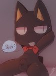 animal_genitalia anthro balls bodily_fluids bow_tie chibi dialogue fur genitals male open_mouth sheath solo sweat sweatdrop text bj_(artist) doko_demo_issho sony_corporation sony_interactive_entertainment kuro_(doko_demo_issho) domestic_cat felid feline felis mammal 2022 digital_media_(artwork) english_text hi_res