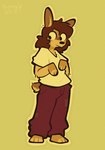 anthro arm_tuft brown_body brown_fur brown_hair casual_clothing clothing fur hair looking_away male outline paw_pose pose shirt shoulder_tuft simple_background solo standing topwear tuft yellow_background goopystem_(artist) kipper_(goopystem) lagomorph leporid mammal rabbit 2024