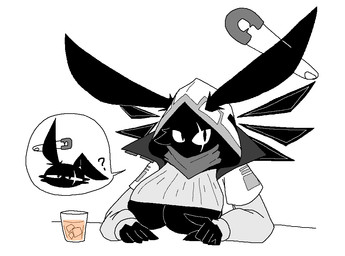 alcohol anthro beverage big_ears biped breasts cheek_tuft clothing duo facial_tuft featureless_breasts female fingers looking_at_viewer male mouthless pupils scarf simple_background slit_pupils speech_bubble topwear tuft sabgong veil_(sabgong) vincent_(sabgong) lagomorph leporid mammal rabbit