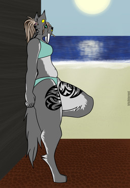 anthro beach belly big_butt bikini butt clothing drugs fangs female hair head_tattoo leg_tattoo marijuana ponytail raised_leg sabertooth_(anatomy) sand solo sun swimwear tattoo teeth thick_thighs two-piece_swimsuit trichternet rhea_(trichternet) felid feline hybrid mammal prehistoric_species saber-toothed_tiger absurd_res hi_res