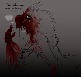 alternate_universe ambiguous_gender anthro blood blood_drip blood_in_mouth blood_on_face blood_string bodily_fluids claws dripping feathers gore implied_cannibalism implied_fatal intersex mechanical_arm simple_background smile solo teeth text tongue conditional_dnp skooma_whore blitz_(skooma_whore) dinosaur dromaeosaurid feathered_dinosaur feathered_scalie prehistoric_species reptile saurischian scalie theropod utahraptor digital_media_(artwork) english_text nonbinary_(lore)