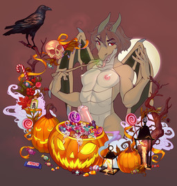 animal_genitalia animal_penis bodily_fluids breasts candy canine_genitalia canine_penis cum cum_on_food cum_on_object cumshot dessert duo ejaculation eyelashes fog food forked_tongue fruit genital_fluids genitals gynomorph hair head_tuft holidays horn intersex jack-o'-lantern lamp lantern membrane_(anatomy) membranous_wings moon nails nipples nude penis plant poison pumpkin red_hair ribbons ribs rictal_bristles small_breasts solo_focus standing tongue tongue_out tuft wand wide_hips wings felicesta fluffybloodwolf halloween ko_(e10109) avian bird corvid corvus_(genus) crow kobold oscine passerine scalie hi_res