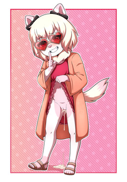 after_sex after_vaginal anthro biped blonde_hair blush blush_lines bodily_fluids clothed clothing clothing_lift coat countershade_fur countershade_torso countershading cum cum_drip cum_from_vagina cum_in_vagina cum_inside cum_on_ground dripping eyewear female footwear front_view fur genital_fluids genitals glasses grin hair heart_glasses humanoid_genitalia humanoid_vulva leaking_cum looking_at_viewer multicolored_body multicolored_fur navel neck_tuft no_underwear pink_body pink_countershading pink_fur pink_nose plantigrade presenting presenting_vulva red_clothing reverse_countershading sandals shoes short_hair shush simple_background smile solo standing topwear tuft two_tone_body two_tone_fur vulva wearing_glasses white_body white_fur young young_anthro young_female gi0 canid canine canis domestic_dog mammal pomeranian spitz 2026 absurd_res hi_res