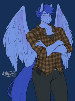 anthro biped bottomwear clothed clothed_anthro clothed_male clothing feathers fingers front_view fully_clothed fully_clothed_anthro fully_clothed_male fur hair horn looking_at_viewer male pants shirt smile solo standing tail topwear wings kittydee mythology equid equine mammal mythological_creature mythological_equine pegasus 2026 alpha_channel digital_drawing_(artwork) digital_media_(artwork) hi_res