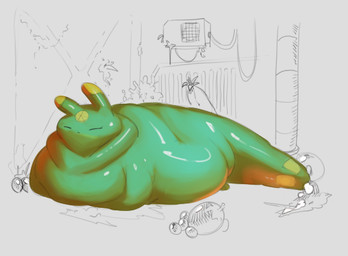 ambiguous_gender belly big_belly big_tail blue_fruit_(rain_world) dewlap_(anatomy) egg eyes_closed feral food glistening glistening_body green_body loaf machine overweight overweight_ambiguous overweight_feral peaceful plant serene sleeping solo tail urban_decay citrusslugcat rain_world videocult citrus_(slugcat) slime_mold_(rain_world) slugcat