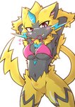 anthro black_body black_fur blush bottomless bra breasts clothed clothing female fur hands_behind_head heart_symbol lightning_whiskers looking_at_viewer navel pink_eyes simple_background solo standing underwear white_background yellow_body yellow_fur acky05 nintendo pokemon generation_7_pokemon legendary_pokemon pokemon_(species) zeraora 2020 hi_res