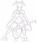 3_fingers 3_toes blush breasts clothed clothing clothing_lift dagger feet female fingers insect_wings melee_weapon mouthless nipples non-mammal_breasts panties polearm presenting presenting_breasts scythe shirt shirt_lift simple_background solo toes topwear underwear weapon white_background wings kurtassclear hollow_knight team_cherry polleen arthropod bee hymenopteran insect monochrome