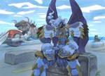 anthro armor cigarette duo feral headgear helmet horn machine male motorcycle smoking text vehicle wings level004 bandai_namco digimon digimon_(species) dynasmon living_machine machmon english_text hi_res