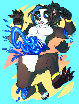 abstract_background ambiguous_gender anklet anthro blood blue_blood blue_eyes bodily_fluids bone bracelet candy_gore claws colored_blood ear_piercing ear_ring exposed_muscle facial_piercing fangs featureless_crotch gore guts hair intestines jewelry nose_piercing nose_ring nude open_mouth organs pawpads piercing ring_piercing solo teeth unusual_blood unusual_bodily_fluids paciulo ayse bear giant_panda mammal hi_res