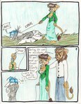 anthro aubrey_ferris blue_hair canid canine clothing comic dialogue english_text felid feline female fur group hair lion male mammal mia_(aubrey_ferris) pantherine rabid_(webcomic) red_eyes simple_background text whip whipping