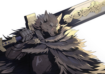 anthro armor black_body black_fur black_sclera breastplate cape clothed clothing fur gauntlets gloves handwear holding_melee_weapon holding_object holding_sword holding_weapon male melee_weapon scar simple_background solo sword tuft weapon white_background littleblackalas elden_ring fromsoftware blaidd_(elden_ring) canid canine canis mammal wolf 2022 half-length_portrait hi_res portrait