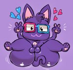 :3 anthro balls big_butt black_eyes butt double_v_sign eyewear fur genitals gesture glasses hair hand_gesture heart_symbol huge_butt legs_up looking_at_viewer lying male nude on_back penis purple_background purple_body purple_fur purple_hair rectangular_glasses simple_background solo teapot_(body_type) v_sign youtuber simplybobcat kkclue youtube kaykay_(kkclue) domestic_cat felid feline felis mammal hi_res