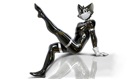 anthro black_latex clothing glistening glistening_body gloves handwear latex looking_at_viewer male pose reflection solo stretching_legs toothy_grin white_clothing white_gloves white_handwear white_latex cxcxxcxxxx canid canine canis domestic_dog latex_creature mammal 2026 hi_res