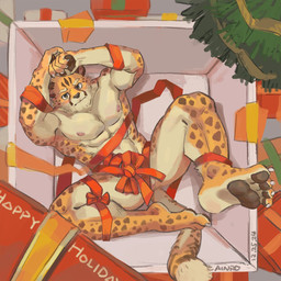 abs anthro balls barely_visible_balls barely_visible_genitalia blush box container fur fur_markings genitals gift hair hands_above_head holidays in_box in_container male markings muscular muscular_male nipples nude pawpads pecs solo spots spotted_body spotted_fur yellow_eyes ainro christmas elysium_above cheetah felid feline mammal 1:1 hi_res