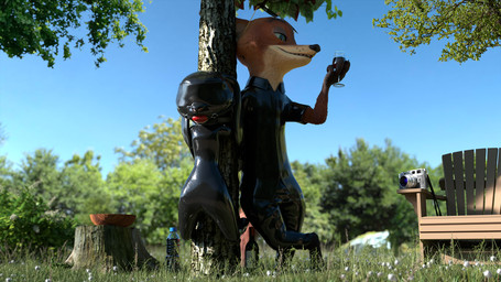 alcohol anthro ball_gag bdsm beverage blindfold bottle bound camera clothing container crossed_legs detailed_background duo female gag holding_object latex latex_clothing latex_skinsuit outside skinsuit tight_clothing wine rubber_(artist) disney zootopia judy_hopps nick_wilde canid canine fox lagomorph leporid mammal rabbit red_fox true_fox 16:9 2017 3d_(artwork) digital_media_(artwork) hi_res widescreen