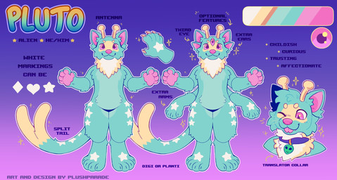 3_eyes 4_arms alien_symbol_(symbol) alternate_form antennae_(anatomy) anthro collar extra_limbs fluffy forked_tail fur green_body green_fur male markings multi_arm multi_ear multi_eye multi_limb pink_eyes solo tail unusual_anatomy unusual_tail plushparade alien domestic_cat felid feline felis hybrid mammal hi_res model_sheet