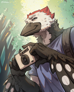anthro beak black_body black_feathers blue_clothing blue_shirt blue_t-shirt blue_topwear camera cheek_tuft clothed clothing facial_tuft feathers grey_beak grey_body grey_eyes head_tuft holding_camera holding_object looking_at_viewer male male_anthro mouth_closed narrowed_eyes neck_tuft outside red_body red_feathers shirt solo t-shirt topwear tuft white_body white_feathers winged_arms wings cobu layvan avian bird picid woodpecker bust_portrait hi_res portrait